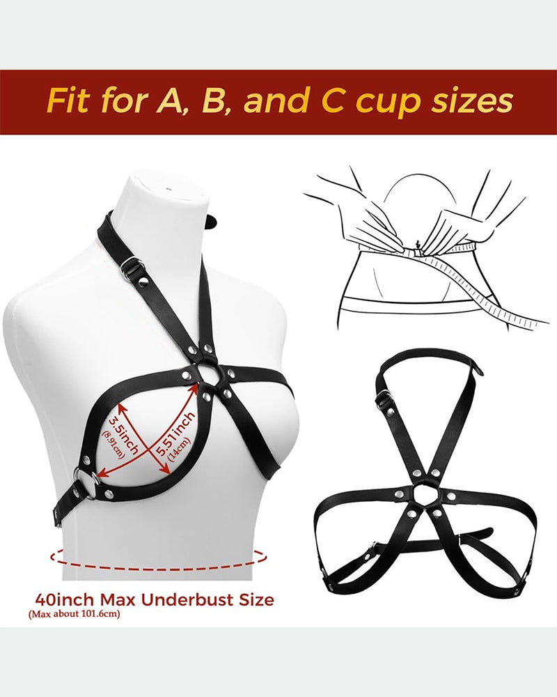 Black leather underbust and neck strap harness with metal rings on a mannequin
