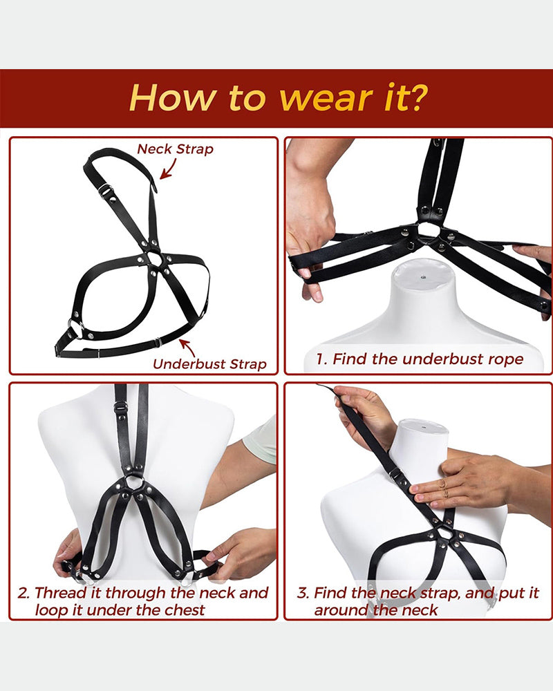 Black leather neck-strap and underbust harness with metal buckles and rings
