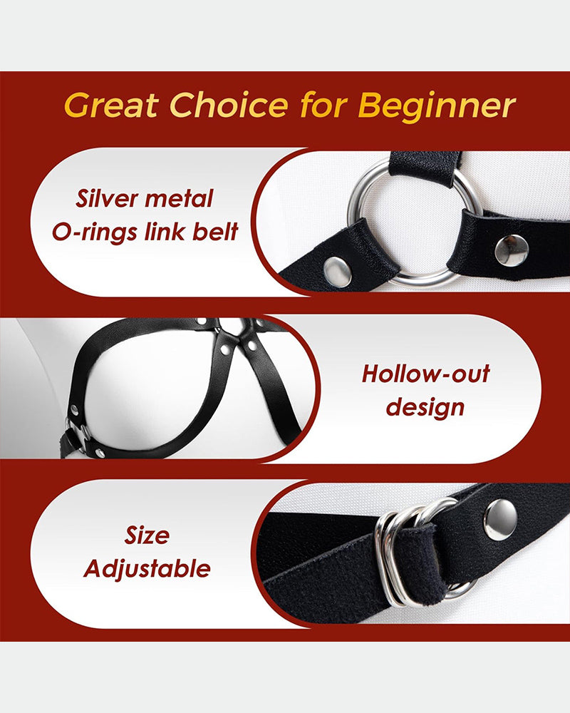 Black leather bondage belt with silver O-ring links, eyelets, and adjustable straps