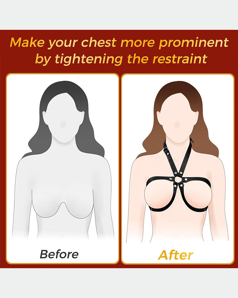 Black leather chest harness with front ring connector between two breast straps