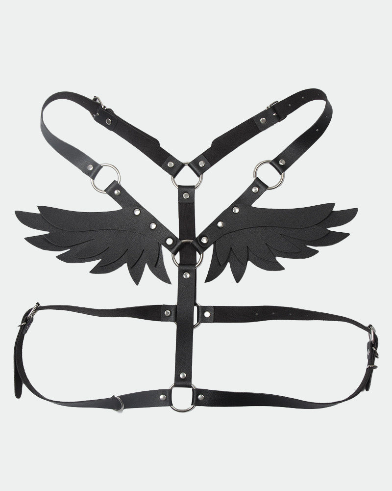 Black leather wing harness with straps, metal rings, and V-front chest support