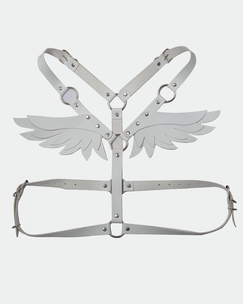 Gray leather wing harness with studded straps, rings, and wing-shaped shoulder panels