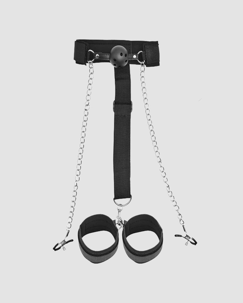 Black back handcuffs with metal chain and ball gag clip