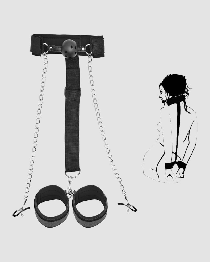 Black back handcuffs with metal chain and ball gag clip, wrist cuffs