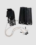 Black fabric cuffs, metal ball gag, and silver chain with clip fasteners