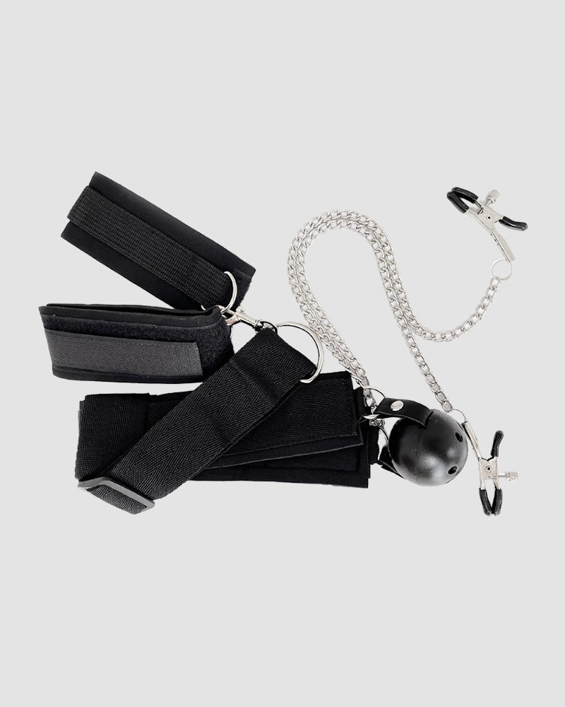 Black fabric cuff set with metal ball gag and silver chain with clips