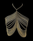 Gold metal chain tassel body chain with draped fan links across chest