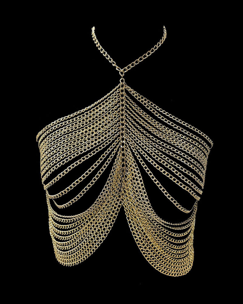 Gold metal chain tassel body chain with draped fan links across chest