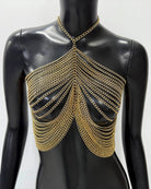 Gold chain tassel body chain draping from neck to chest, layered mesh fringe