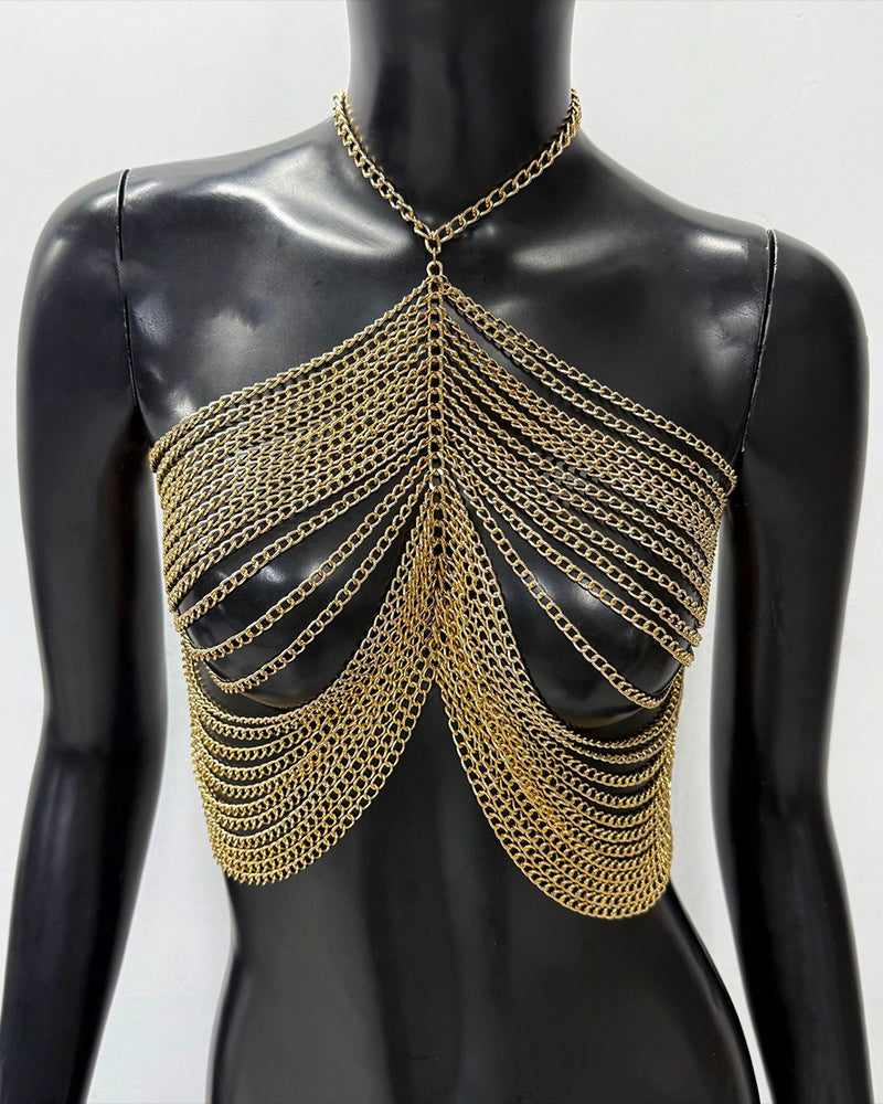 Gold chain tassel body chain draping from neck to chest, layered mesh fringe