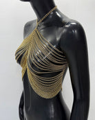 Gold metal chain tassel body chain wrapped in concentric draped loops at side