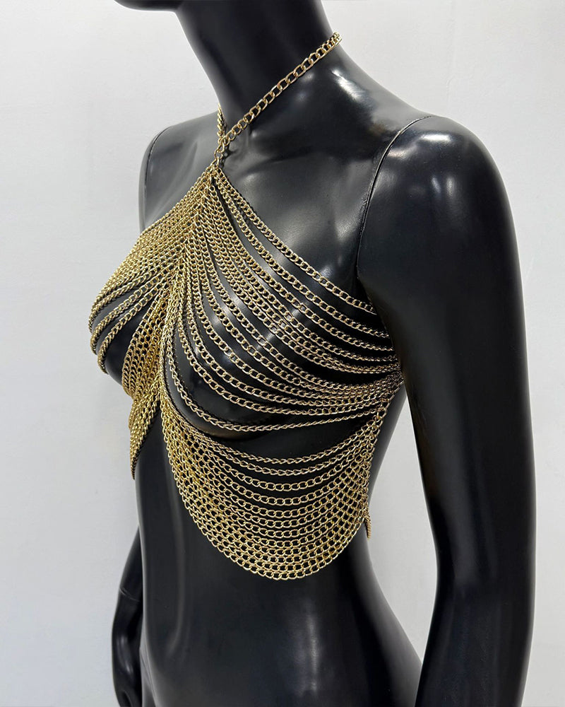 Gold metal chain tassel body chain wrapped in concentric draped loops at side