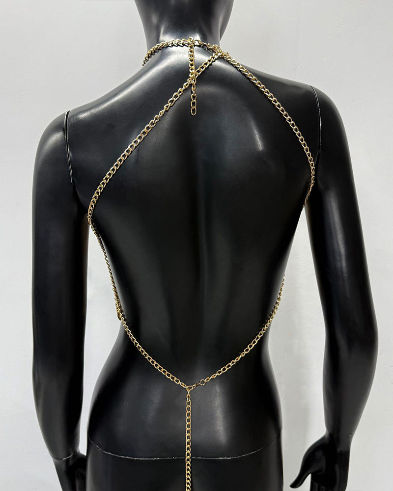 Gold chain body harness with Y-shaped straps and tassel drape on back