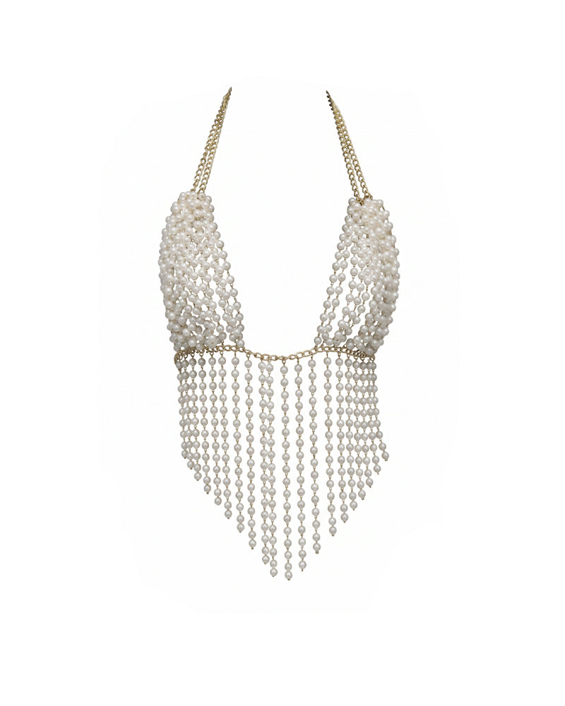 Beaded chain V-neck necklace with scalloped fringe