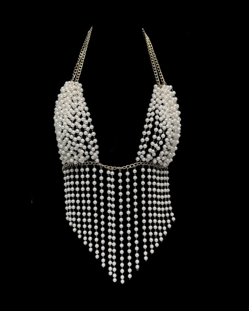 White pearl beaded suspender chain top with gold-toned chain and deep V shape