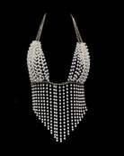 White pearl beaded suspender chain top with gold-toned chain and deep V shape