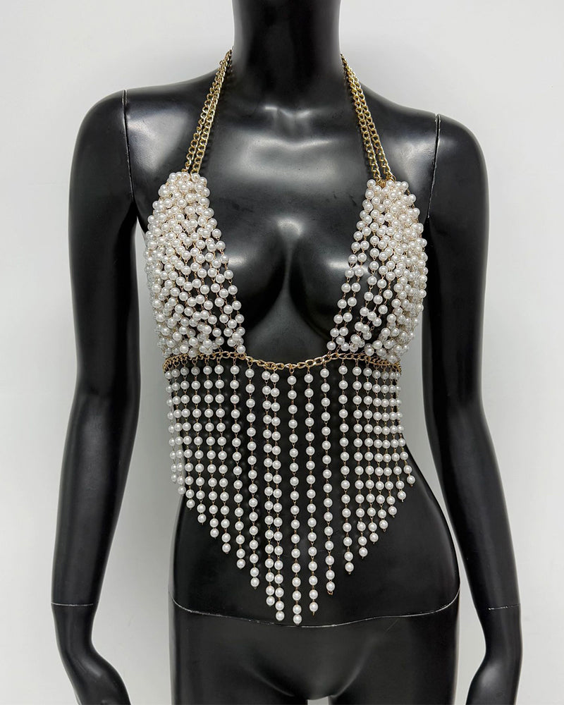 White pearl beaded cup suspender chain top with dangling fringe and gold-toned chain