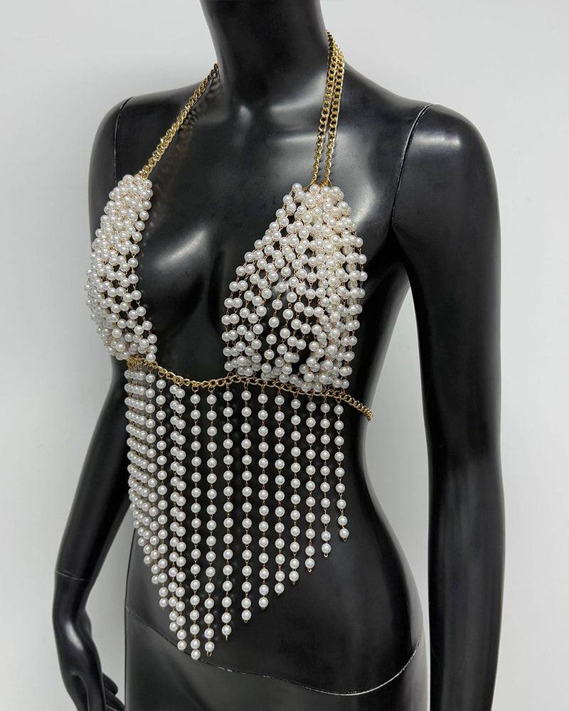White pearl fringe suspender chain top with gold-toned shoulder chains and V front