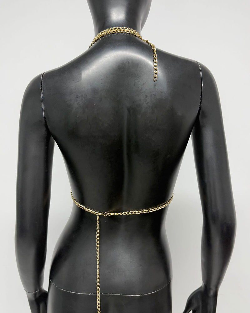Gold-toned chain suspender back with pearl fringe drops and V-neck silhouette
