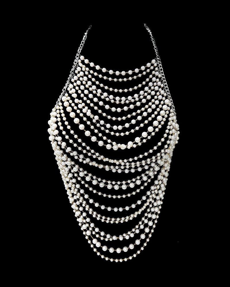 Silver pearl halter body chain with layered draping rows across chest