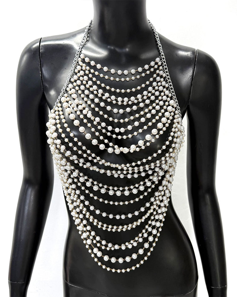Silver pearl halter body chain with layered bead rows across front torso