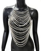 Silver pearl halter body chain with layered bead rows across front torso