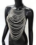 Silver pearl halter body chain with multiple draped bead rows over chest