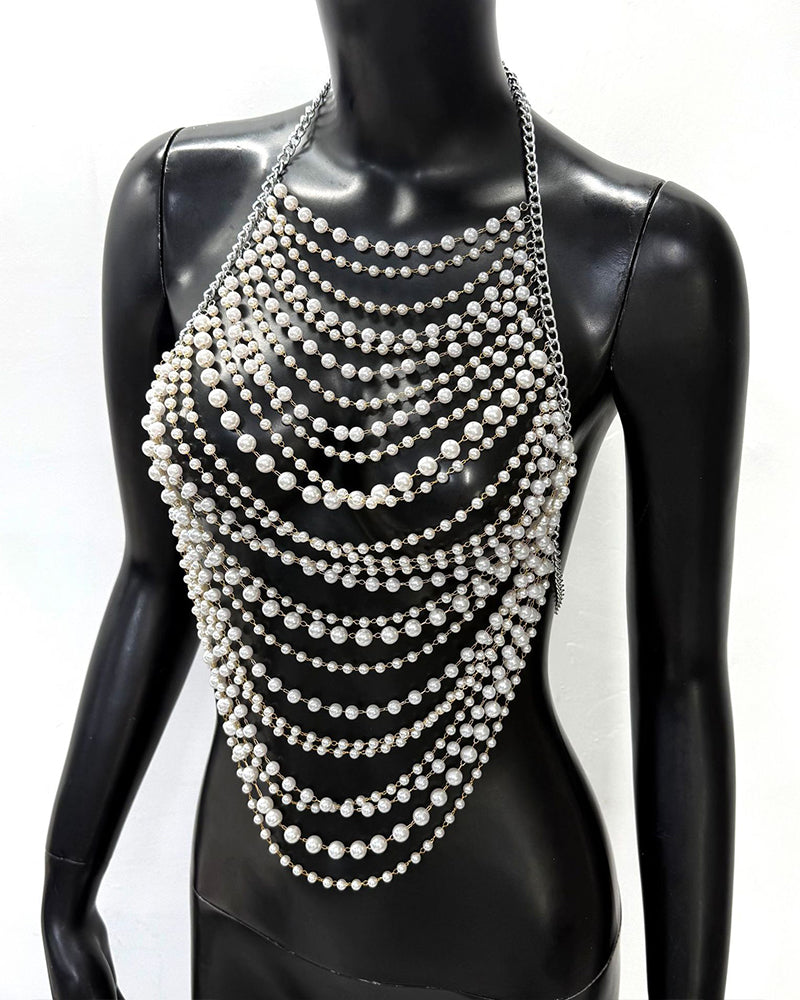 Silver pearl halter body chain with multiple draped bead rows over chest