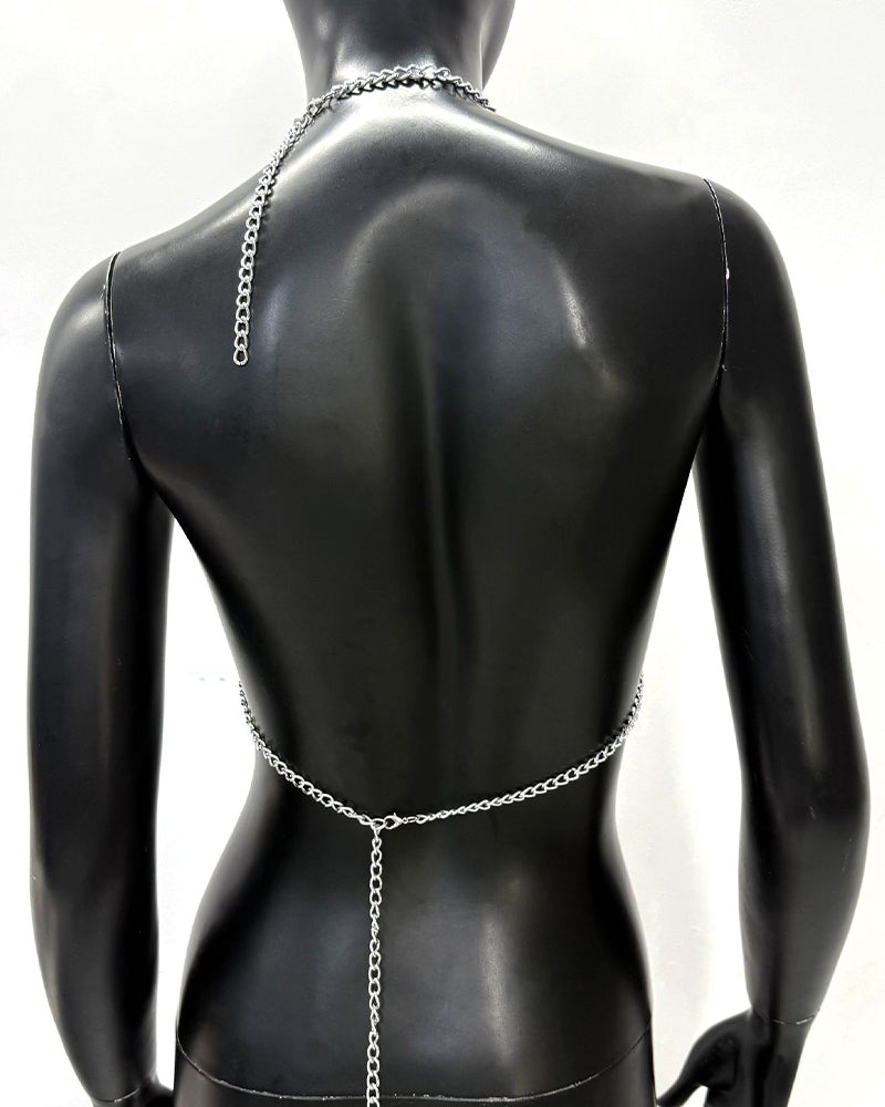 Silver pearl body chain back view with long chain strap and waist drape