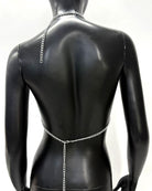 Silver pearl body chain back view with long chain strap and waist drape
