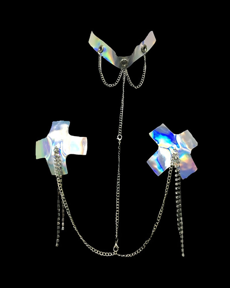Silver body chain with two iridescent cross nipple clips and long hanging chains