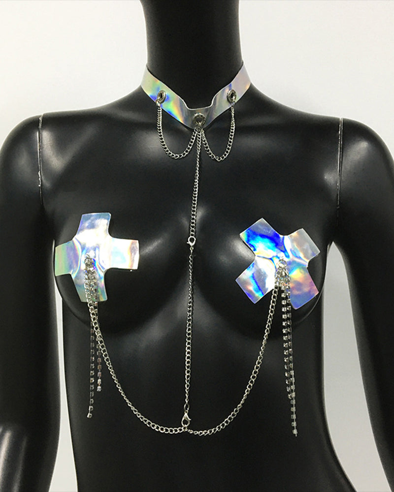 Silver body chain with central vertical chain and two iridescent cross pendants