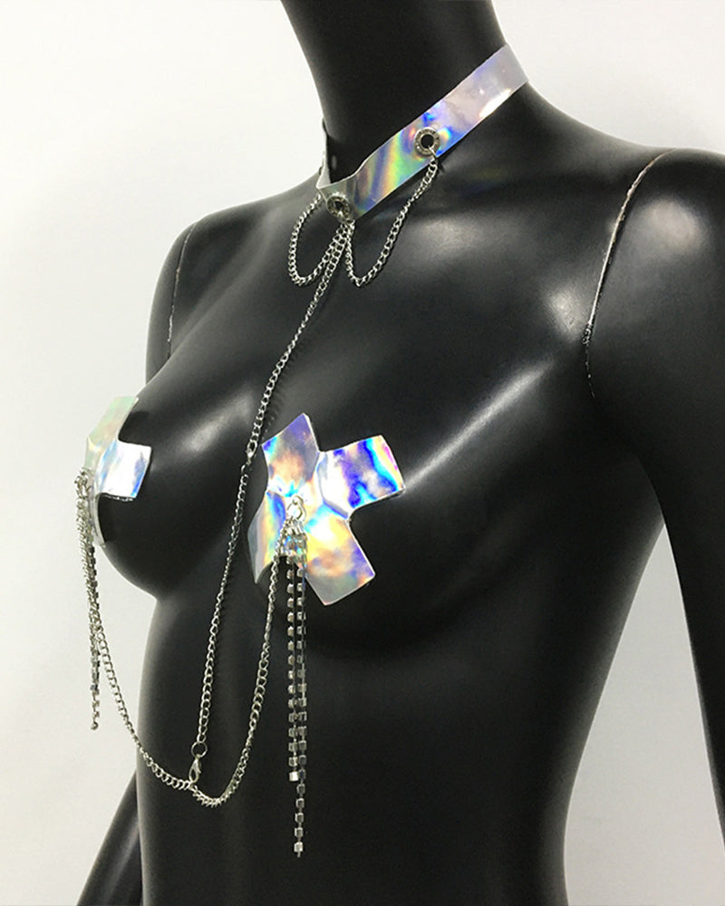 Silver body chain with cross charms and long hanging chain strands