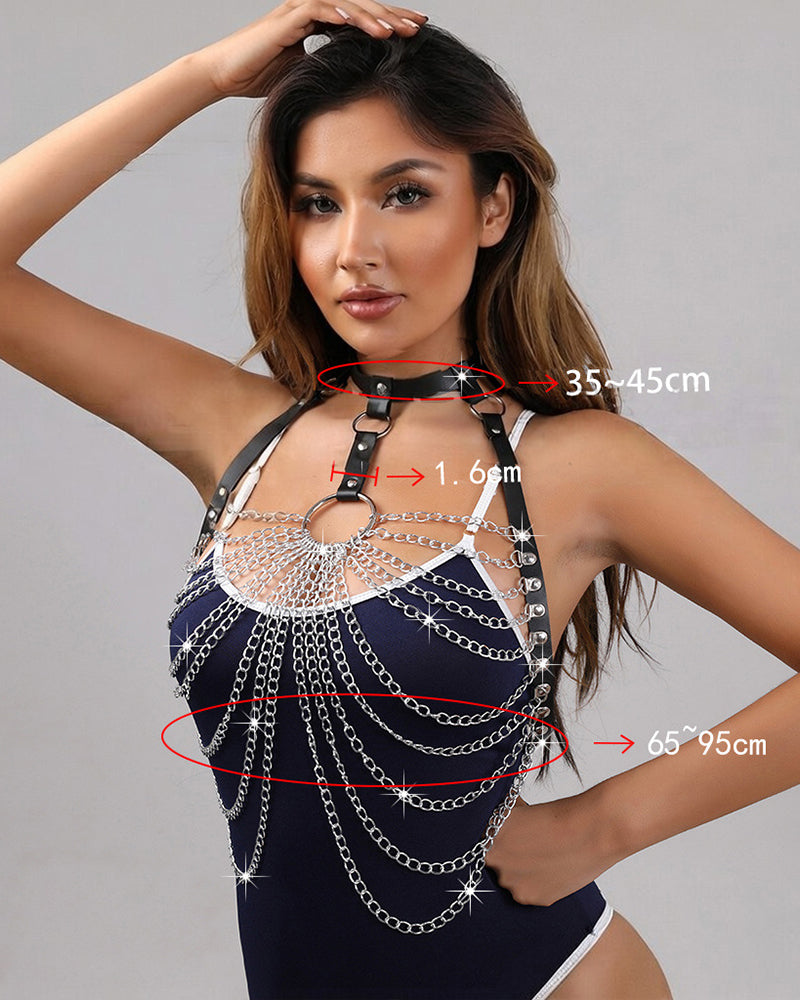 PU leather bra harness with silver chain fringe and black choker strap