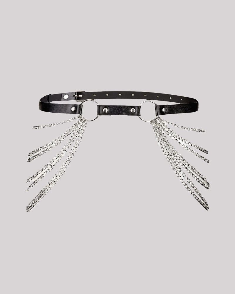 Black leather hip harness belt with oval buckle and silver chain tassel fringe