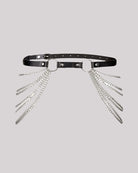 Black leather hip harness belt with oval buckle and silver chain tassel fringe