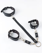 Black leather wrist cuffs, collar, and back straps set with silver buckles
