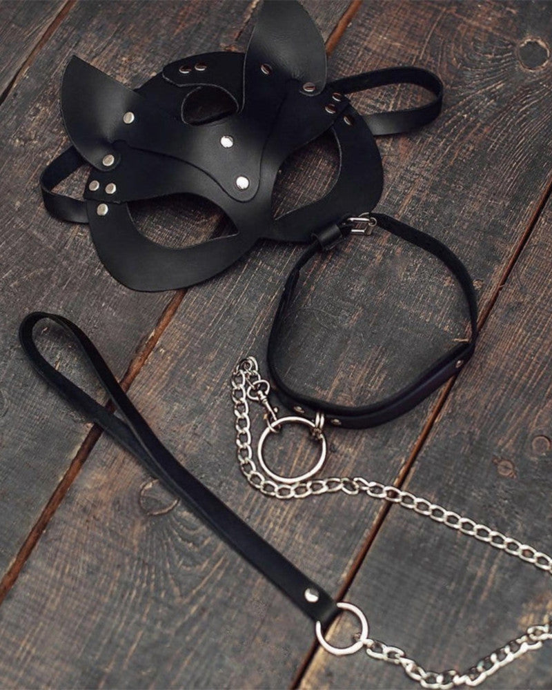Black leather cat mask with ear cutouts, eye opening, plus leather leash and chain
