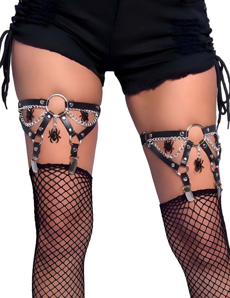 Thigh harness garter belt with chain and metal ring center detail over fishnet
