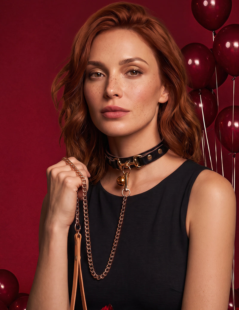 Black PU leather choker with gold bell pendant and dangling chain leash