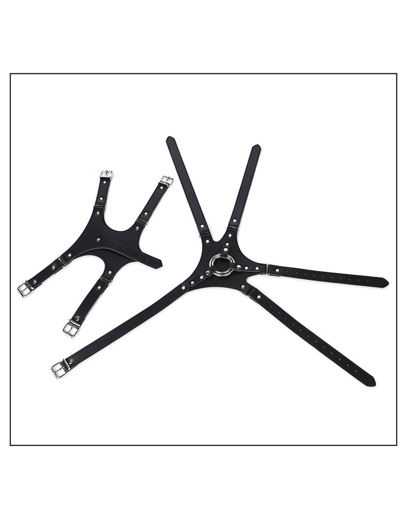 Black PU harness brief laid flat with adjustable straps and O-ring hardware