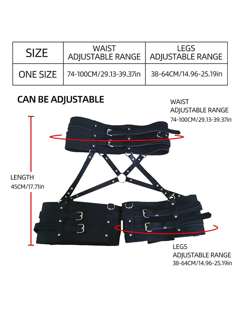 Waist and leg garter size chart with adjustable ranges in inches