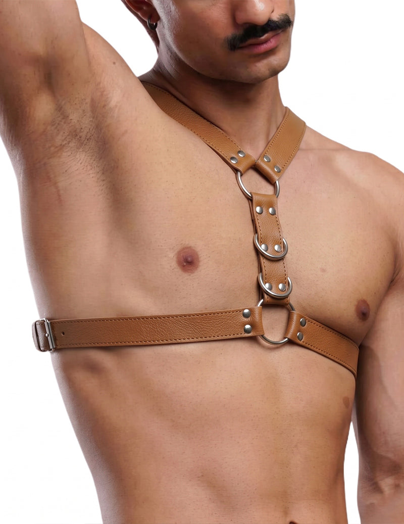 Men's faux leather body harness in brown with O-ring chest and side straps