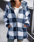 Plaid hooded zip-front loose overcoat, blue and white check fleece.