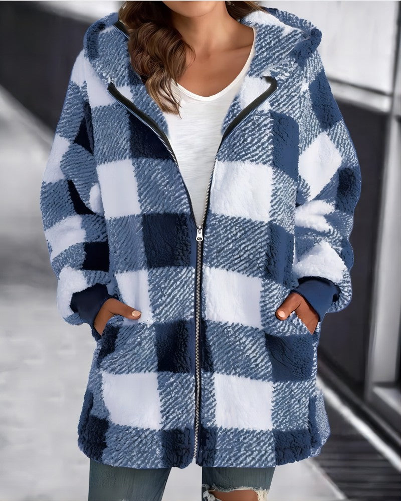 Plaid hooded zip-front loose overcoat, blue and white check fleece.