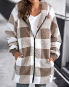 Plaid hooded zip-front loose overcoat, beige and white check fleece.