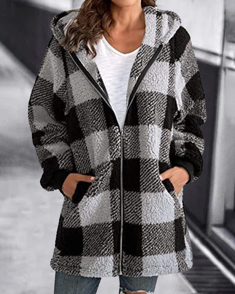 Plaid hooded zip-front loose overcoat, grey and white check fleece.