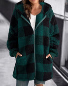 Plaid hooded zip-front loose overcoat, dark green and black check fleece.