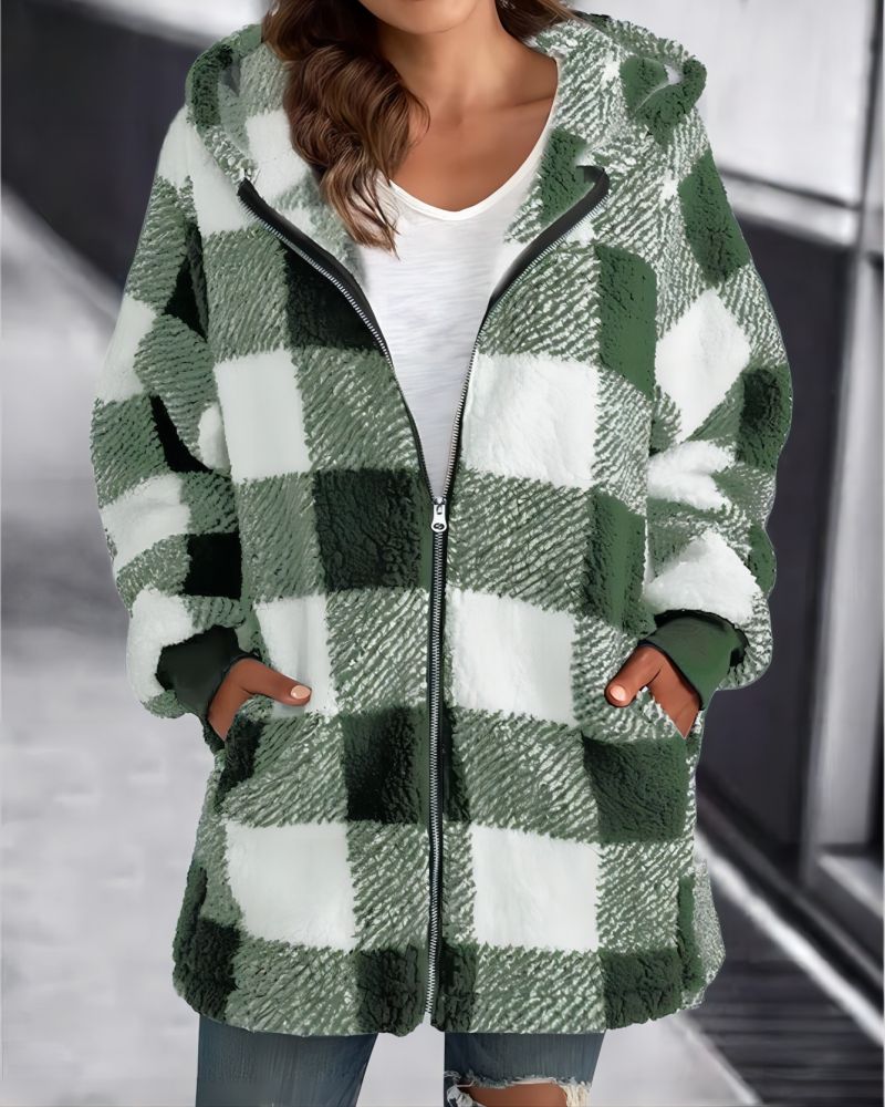 Plaid hooded zip-front loose overcoat, green and white check fleece.