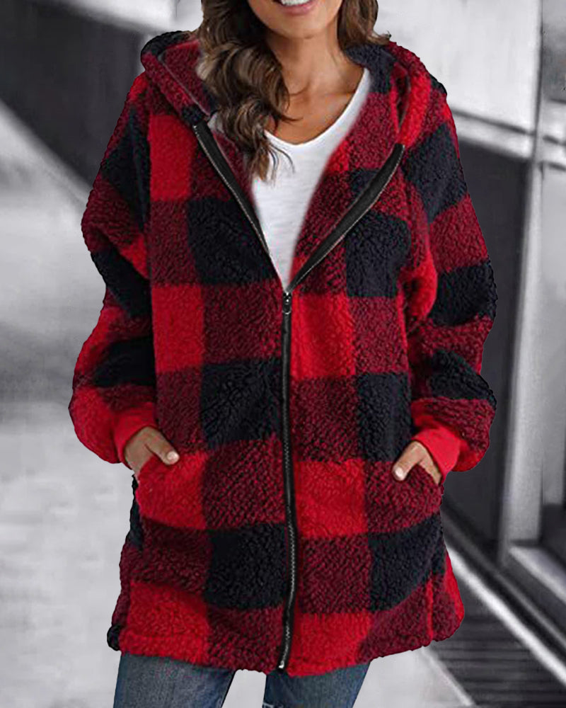 Plaid hooded zip-front loose overcoat, red and black check fleece.